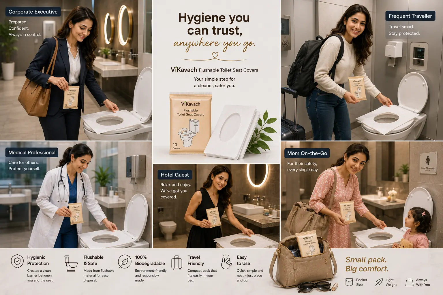 ViKavach Flushable Toilet Seat Covers - Disposable Travel Hygiene Protection for Public Restrooms
